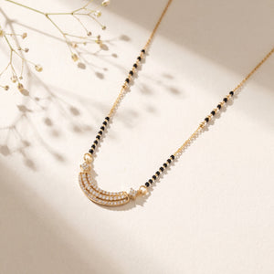 KZ Gold Plated Arc Bar Star CZ Mangalsutra for Women Black Bead Chain Crescent Pendant FS