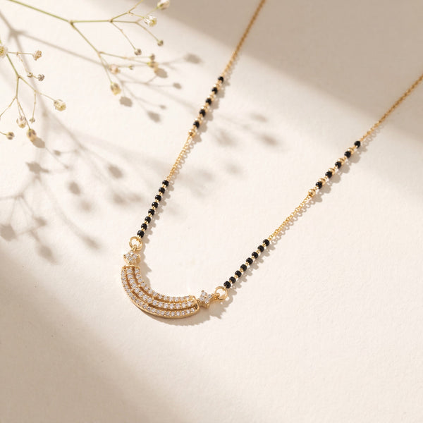 KZ Gold Plated Arc Bar Star CZ Mangalsutra for Women Black Bead Chain Crescent Pendant FS