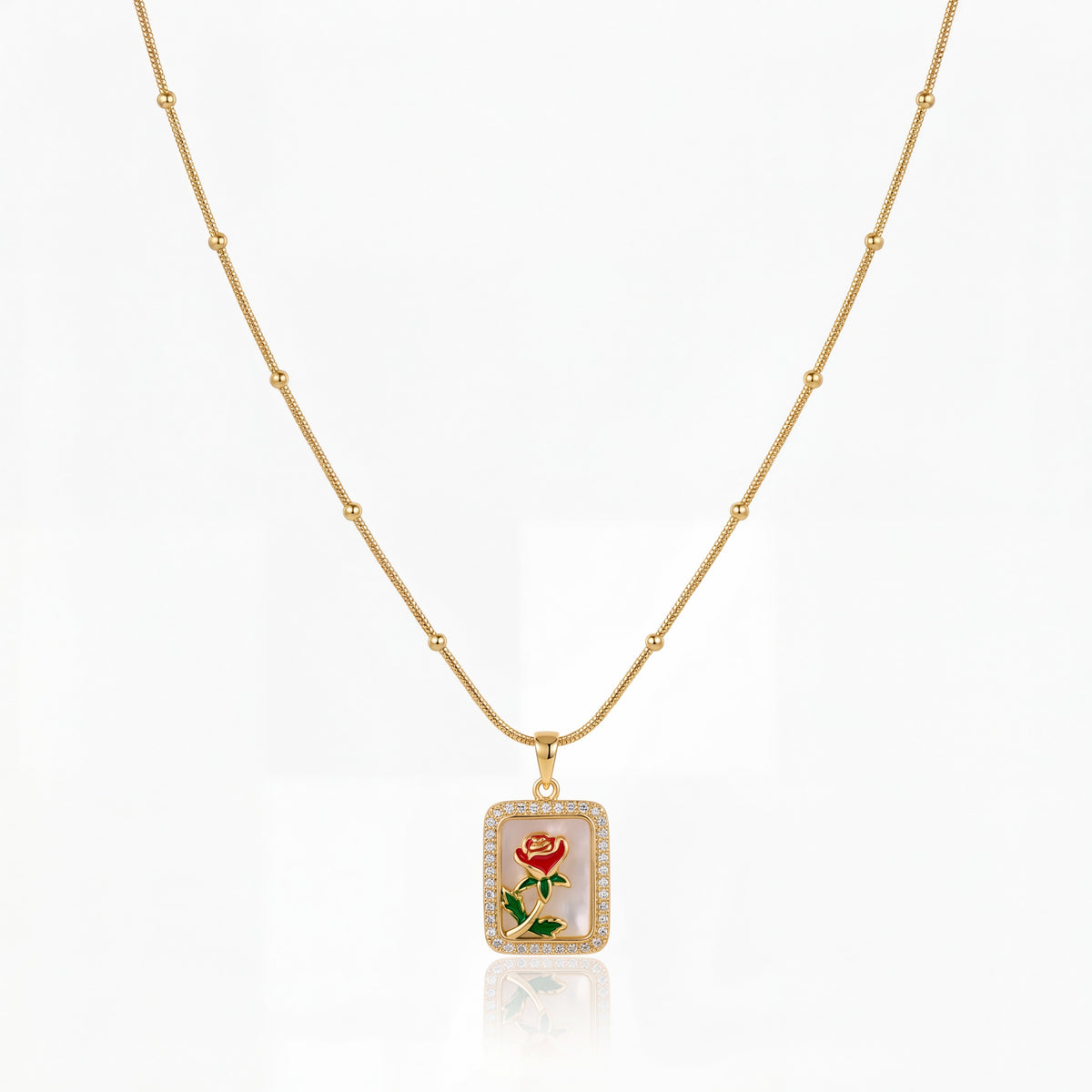 Gold Rectangular Red Enamel Rose Pendant Chain Anti-Tarnish Necklace