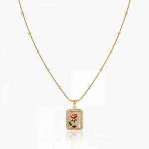 Gold Rectangular Red Enamel Rose Pendant Chain Anti-Tarnish Necklace