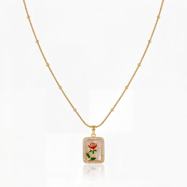 Gold Rectangular Red Enamel Rose Pendant Chain Anti-Tarnish Necklace