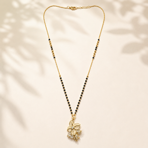 KZ Gold Plated Large Floral Bloom CZ Mangalsutra for Women Black Bead Chain Big Flower Pendant FS