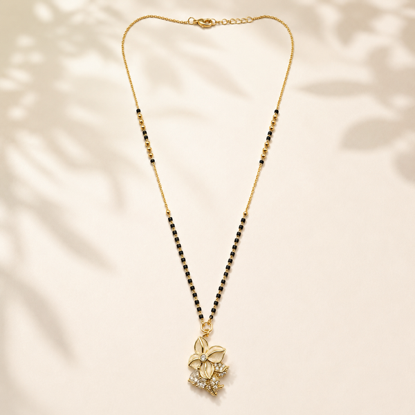 KZ Gold Plated Large Floral Bloom CZ Mangalsutra for Women Black Bead Chain Big Flower Pendant FS