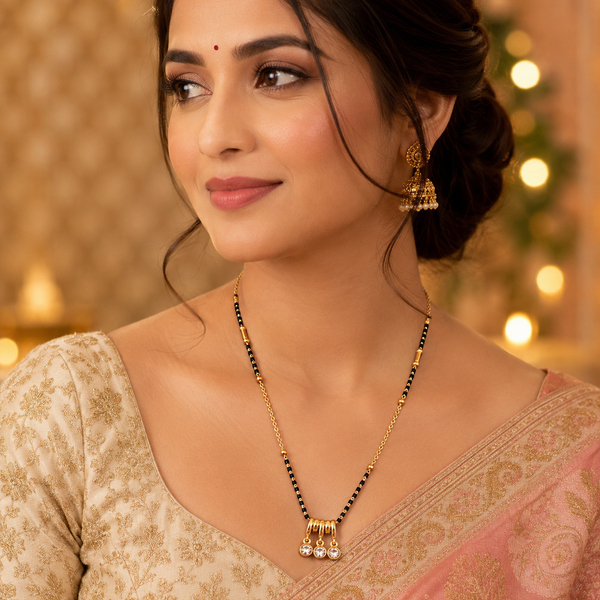 KZ Gold Plated Temple 3 Drop CZ Mangalsutra for Women Black Bead Chain Traditional Bar Pendant FS