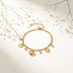 Gold Plated Chain Bracelet with Heart Fan Shell and White Stone Solitaire Dangling Charms