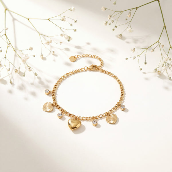 Gold Plated Chain Bracelet with Heart Fan Shell and White Stone Solitaire Dangling Charms