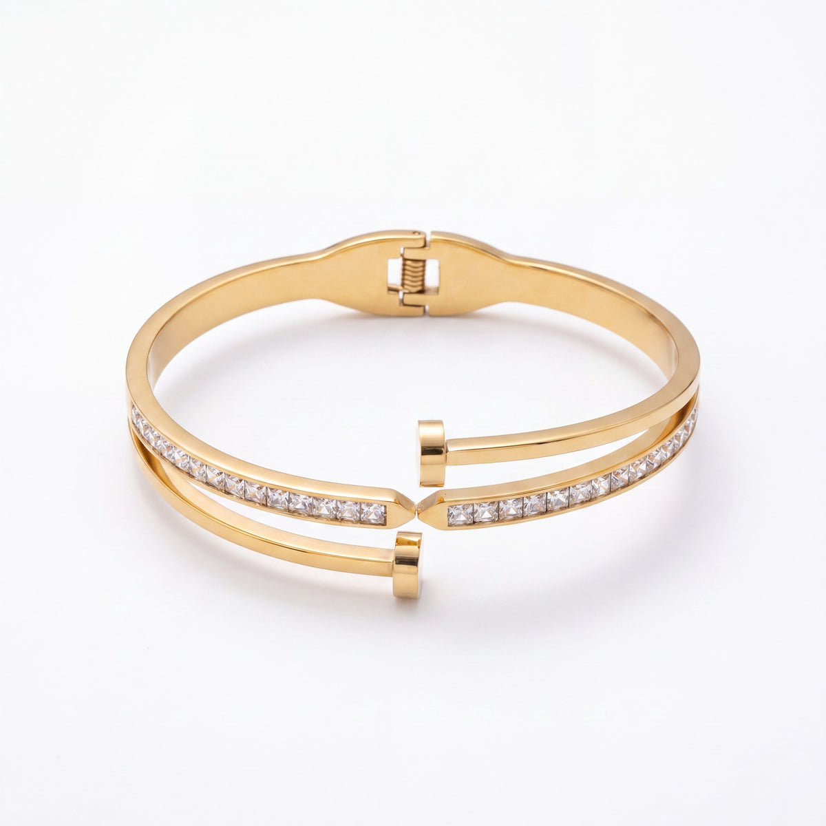 Open Hinged Dual Band CZ Baby Kada Bangle | Gold Plated Pave Stackable Cuff Bracelet for Women