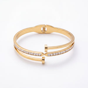 Open Hinged Dual Band CZ Baby Kada Bangle | Gold Plated Pave Stackable Cuff Bracelet for Women