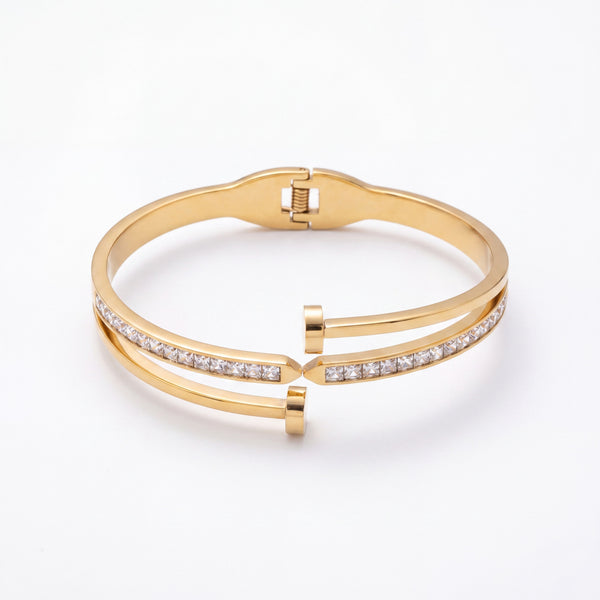 Open Hinged Dual Band CZ Baby Kada Bangle | Gold Plated Pave Stackable Cuff Bracelet for Women