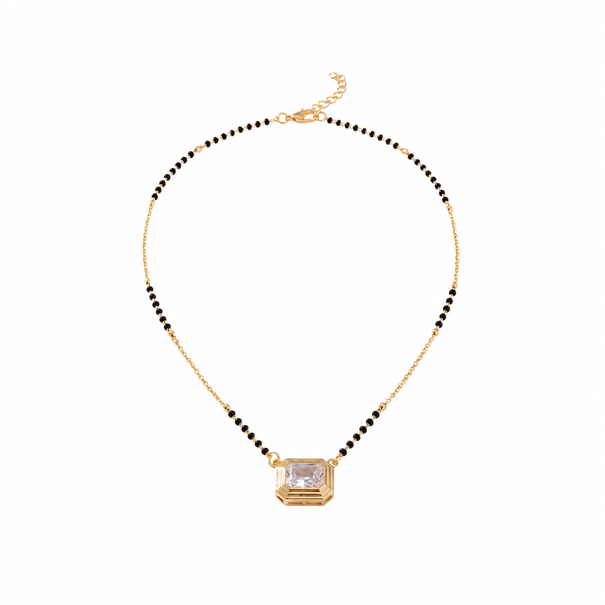 KZ Gold Plated Emerald Cut CZ Solitaire Mangalsutra for Women Black Bead Chain Rectangular Pendant FS