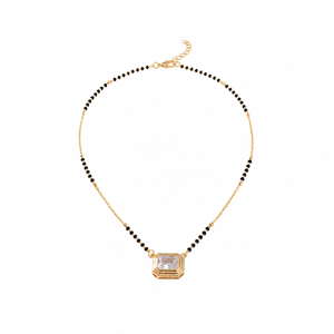 KZ Gold Plated Emerald Cut CZ Solitaire Mangalsutra for Women Black Bead Chain Rectangular Pendant FS