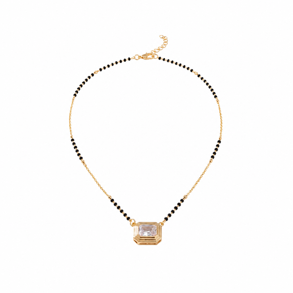 KZ Gold Plated Emerald Cut CZ Solitaire Mangalsutra for Women Black Bead Chain Rectangular Pendant FS