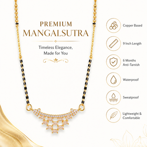 KZ Gold Plated Baguette Arc CZ Mangalsutra for Women Black Bead Chain Cascading Fan Pendant FS