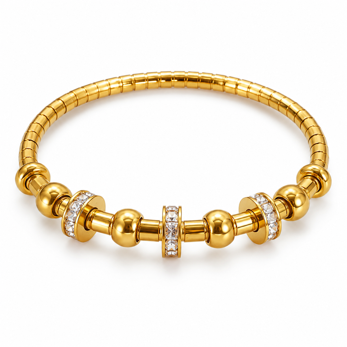 Gold Elastic Ribbed Tube Kada for Women | Ball Bead Diamond Rondelle Stretch Stainless Steel Ladies Bangle | Flexible Festive Jewellery