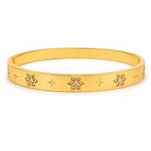 Gold Star Engraved Floral Diamond Cluster Kada for Women | 4-Point Motif Stainless Steel Ladies Bangle | Designer Festive Jewellery