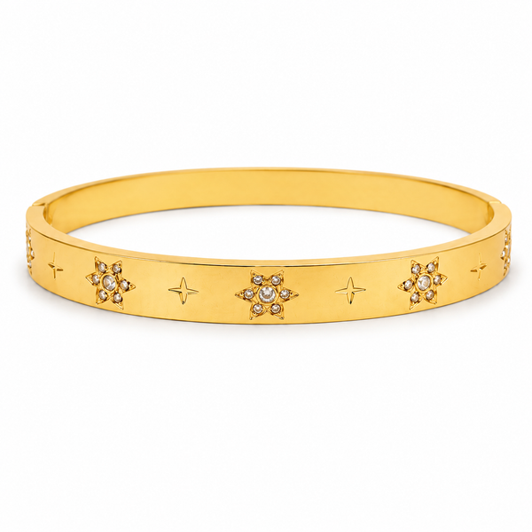 Gold Star Engraved Floral Diamond Cluster Kada for Women | 4-Point Motif Stainless Steel Ladies Bangle | Designer Festive Jewellery