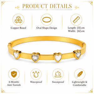 Gold Heart Shape Diamond Oval Kada for Women | Raised Heart Motif Stainless Steel Ladies Bangle | Romantic Festive Jewellery