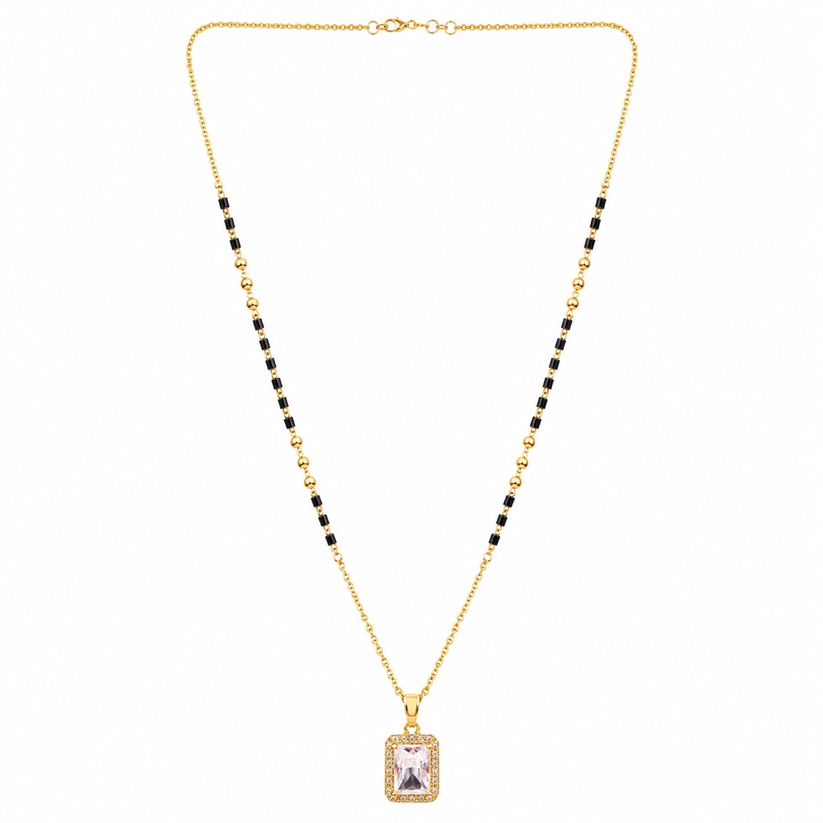KZ Gold Plated Emerald Cut Halo CZ Mangalsutra for Women Black Bead Chain Rectangle Solitaire Pendant FS