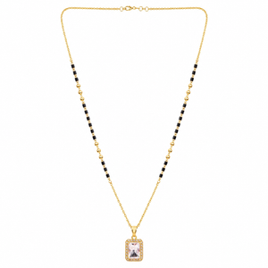 KZ Gold Plated Emerald Cut Halo CZ Mangalsutra for Women Black Bead Chain Rectangle Solitaire Pendant FS
