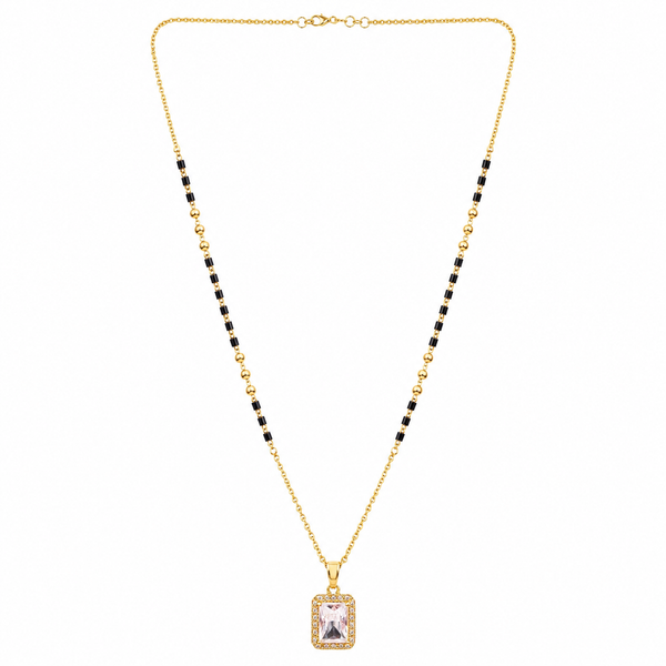 KZ Gold Plated Emerald Cut Halo CZ Mangalsutra for Women Black Bead Chain Rectangle Solitaire Pendant FS