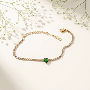 Gold Plated White Stone Tennis Bracelet with Green Heart Centre Stone and Lobster Clasp