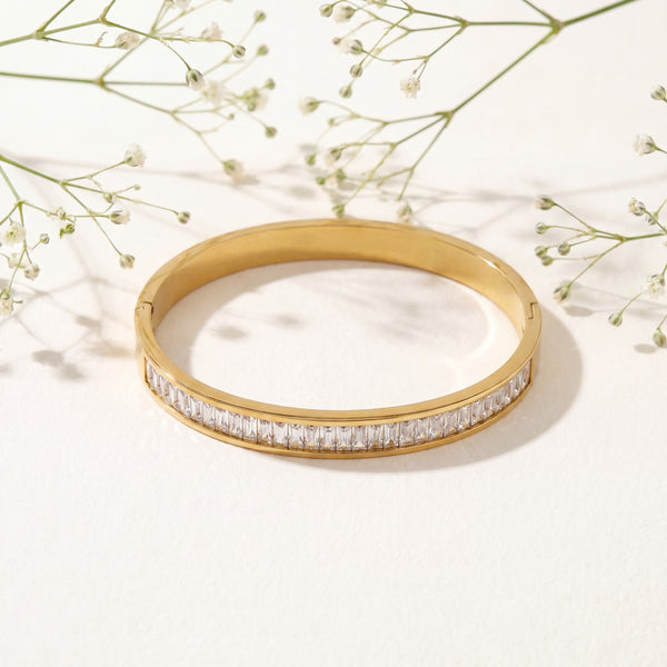 Slim Baguette CZ Eternity Baby Kada Bangle | Gold Plated White Stackable Bracelet for Women