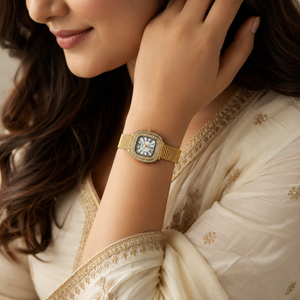 Watches Gold-Tone Square Dial Crystal Studded Bezel Bracelet Watch for Women