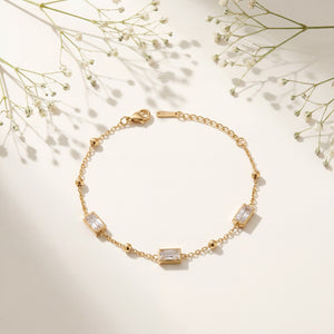 Gold Plated Rectangular Baguette White Stone Beaded Station Delicate Chain Bracelet with Lobster Clasp