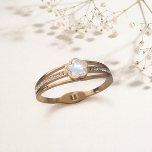 Mother of Pearl Five Petal Flower Baby Kada Bangle | Gold Plated Pave CZ Floral Cuff for Women