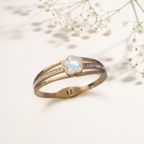 Mother of Pearl Five Petal Flower Baby Kada Bangle | Gold Plated Pave CZ Floral Cuff for Women