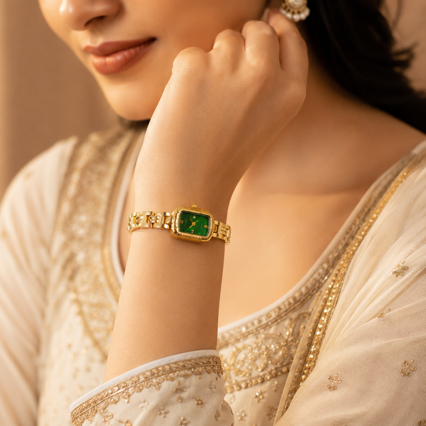 Watches Gold-Tone Rectangular Green Dial Bracelet Watch for Women