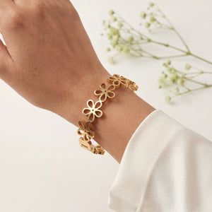 Daisy Floral Cutout Linked Baby Kada Bangle | Gold Plated Five Flower Chain Cuff Bracelet for Women