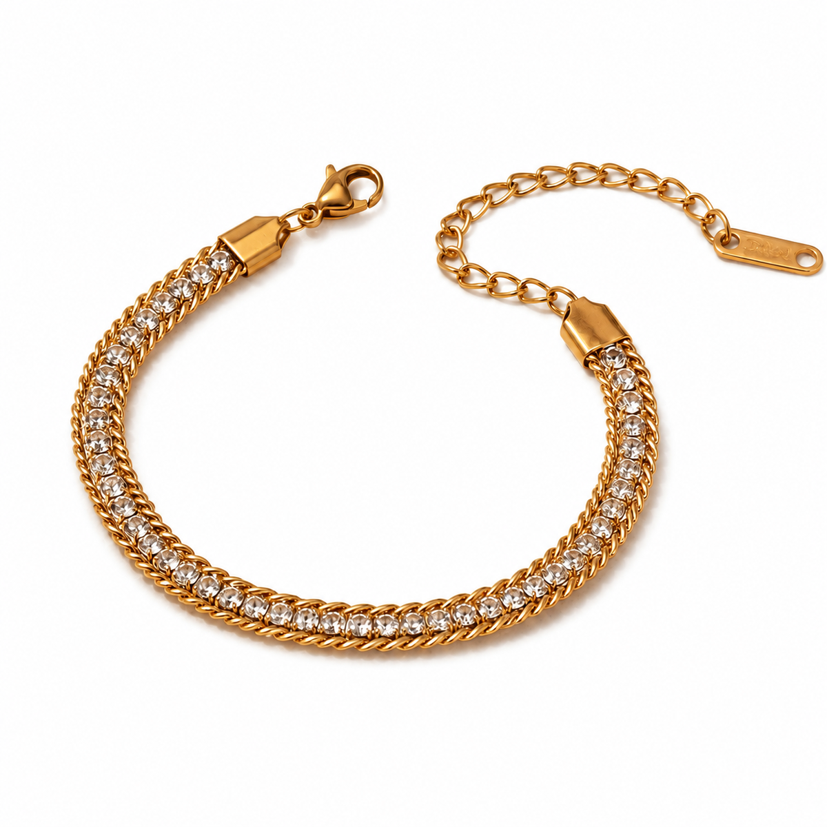 Gold Plated White Stone Tennis Centre with Dual Curb Chain Edges Statement Bracelet with Lobster Clasp