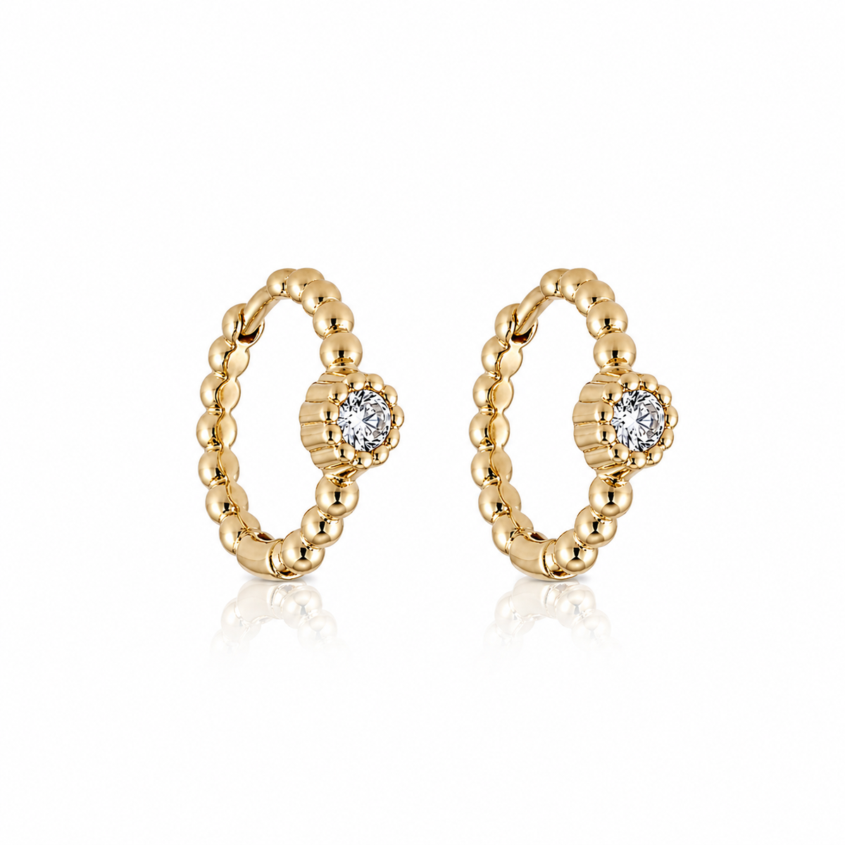 Gold Plated Beaded Hoop Earrings with CZ Stone