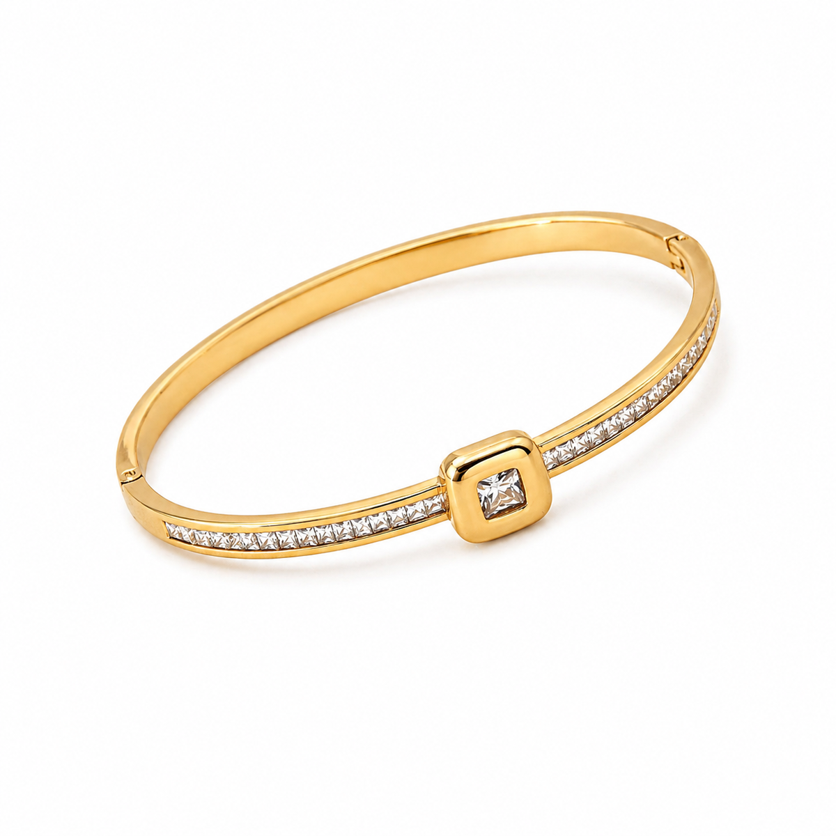 Bezel Square CZ Centerpiece Pave Baby Kada Bangle | Gold Plated Slim Statement Bracelet for Women