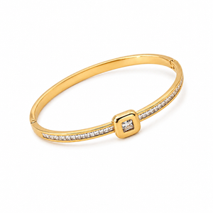 Bezel Square CZ Centerpiece Pave Baby Kada Bangle | Gold Plated Slim Statement Bracelet for Women