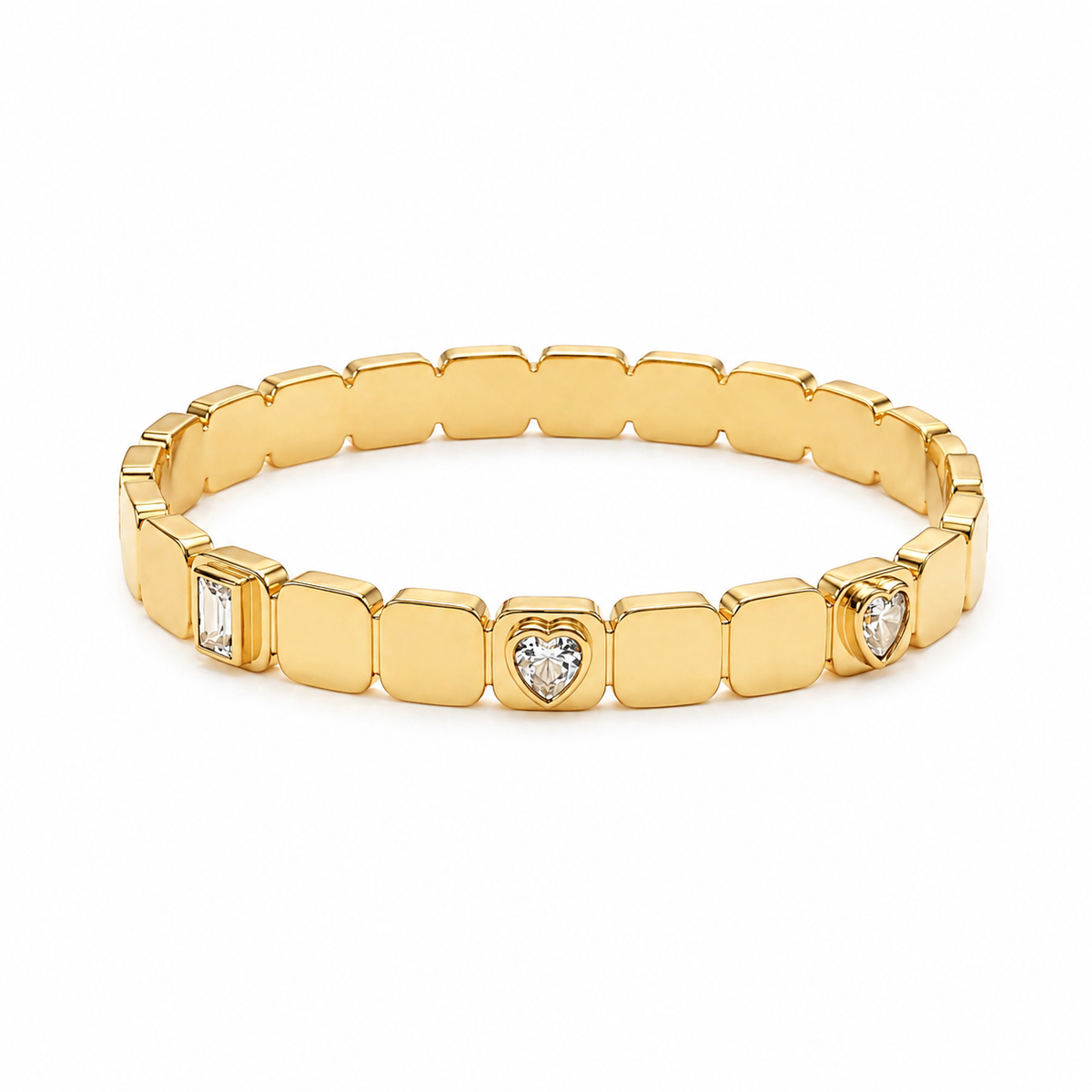 Linked Square Plaque Heart CZ Baby Kada Bangle | Gold Plated Stationed Cuff Bracelet for Women
