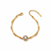 Gold Plated Bamboo Bar Link Bracelet with Round White Stone Halo and Drop Bar Pendant