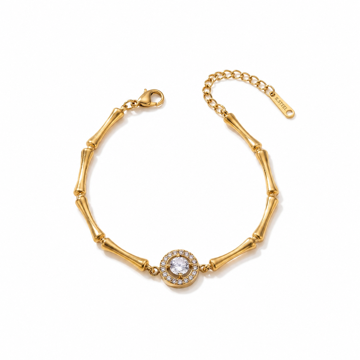 Gold Plated Bamboo Bar Link Bracelet with Round White Stone Halo and Drop Bar Pendant