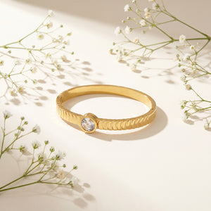 Solitaire CZ Ridged Textured Baby Kada Bangle | Gold Plated Bezel Set Slim Bracelet for Women