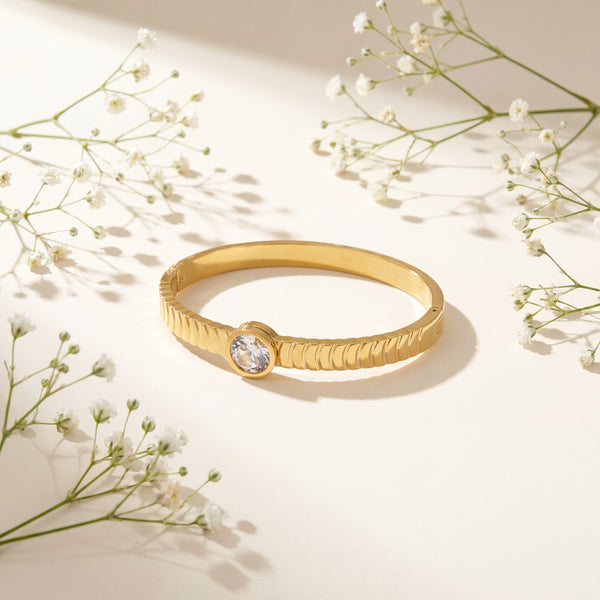 Solitaire CZ Ridged Textured Baby Kada Bangle | Gold Plated Bezel Set Slim Bracelet for Women