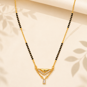 KZ Gold Plated V Shape Fan CZ Mangalsutra for Women Black Bead Chain Fan Pendant with Drop FS