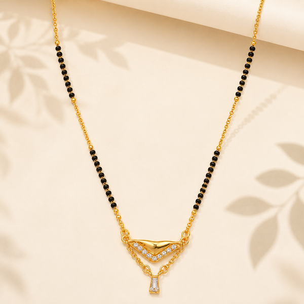 KZ Gold Plated V Shape Fan CZ Mangalsutra for Women Black Bead Chain Fan Pendant with Drop FS