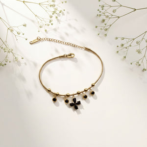 Gold Plated Snake Chain Bracelet with Black Clover and Black Stone Charm Cluster
