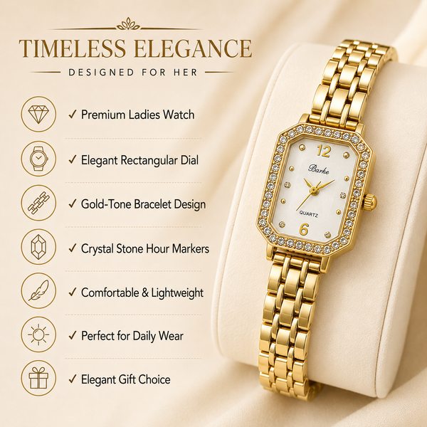 Watches Gold-Tone Rectangular Dial Crystal Studded Chain Bracelet Watch for Women
