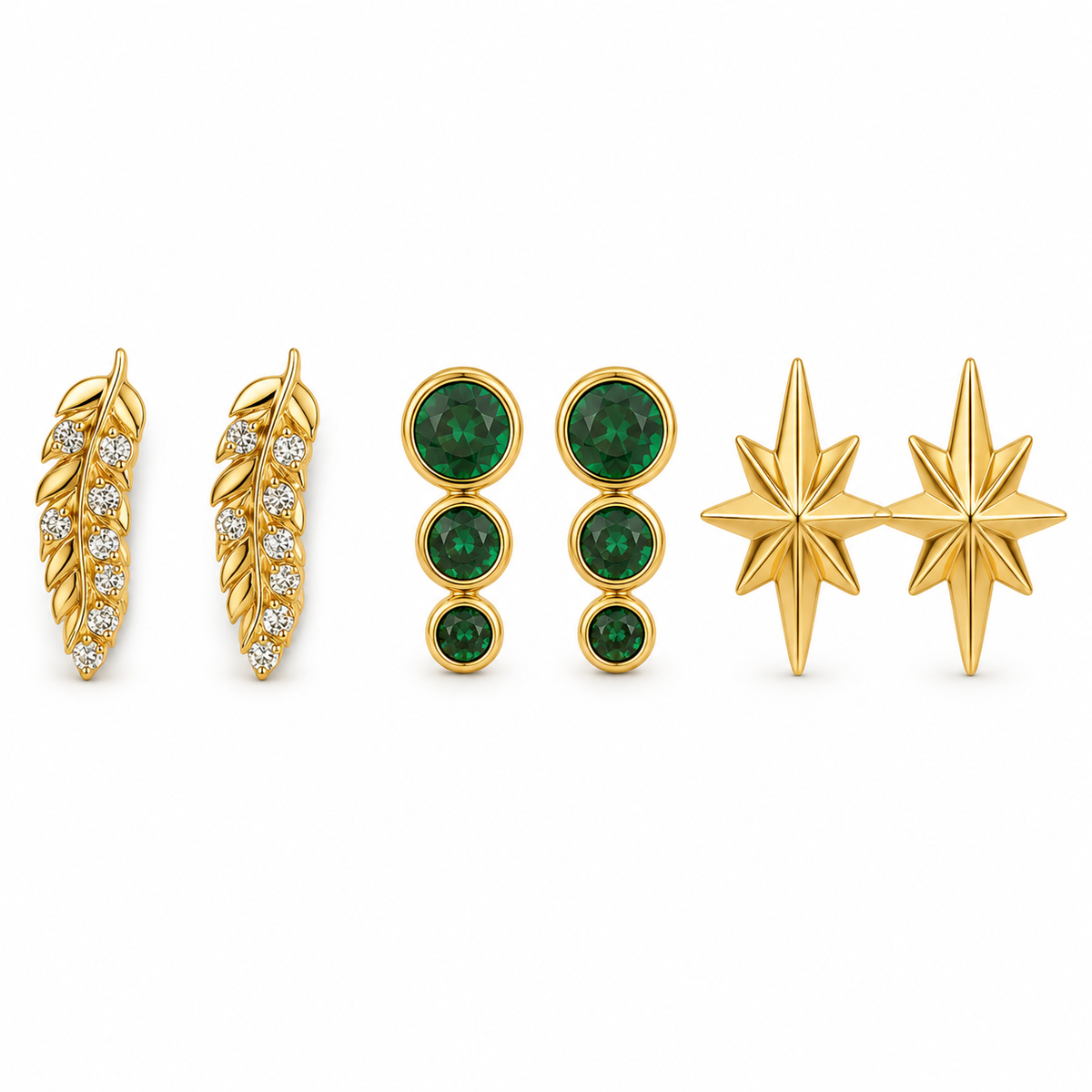 Earrings Pave Leaf Hoop, Emerald Drop & Starburst Stud Earrings Set of 3 Pairs