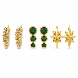Earrings Pave Leaf Hoop, Emerald Drop & Starburst Stud Earrings Set of 3 Pairs