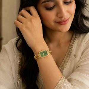 Watches Gold-Tone Rectangular Green Dial Crystal Studded Chain Bracelet Watch for Women