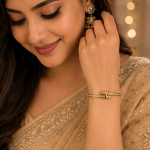 Gold Single Row Round Diamond Oval Kada for Women | Delicate Stone Band Stainless Steel Ladies Bangle | Classic Festive Jewellery