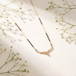 KZ Gold Plated Curved Horn CZ Mangalsutra for Women Black Bead Chain Abstract Wave Pendant FS